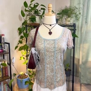 Vintage Y2K Lace Mesh Top Blouse Size Medium Fairy Cottage Boho
